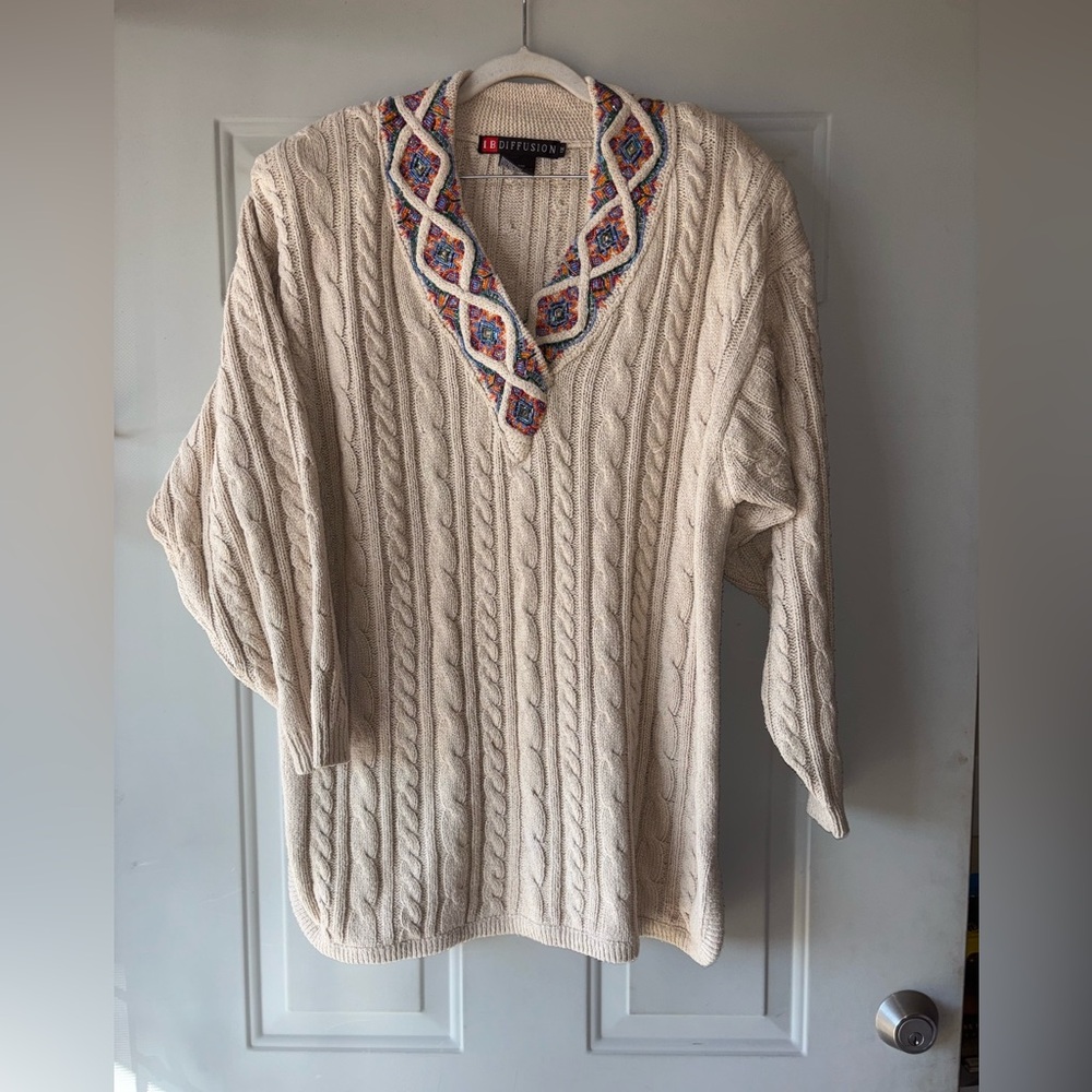 Vintage 80’s IB Diffusion tan silk cable knit beaded sweater size 1X